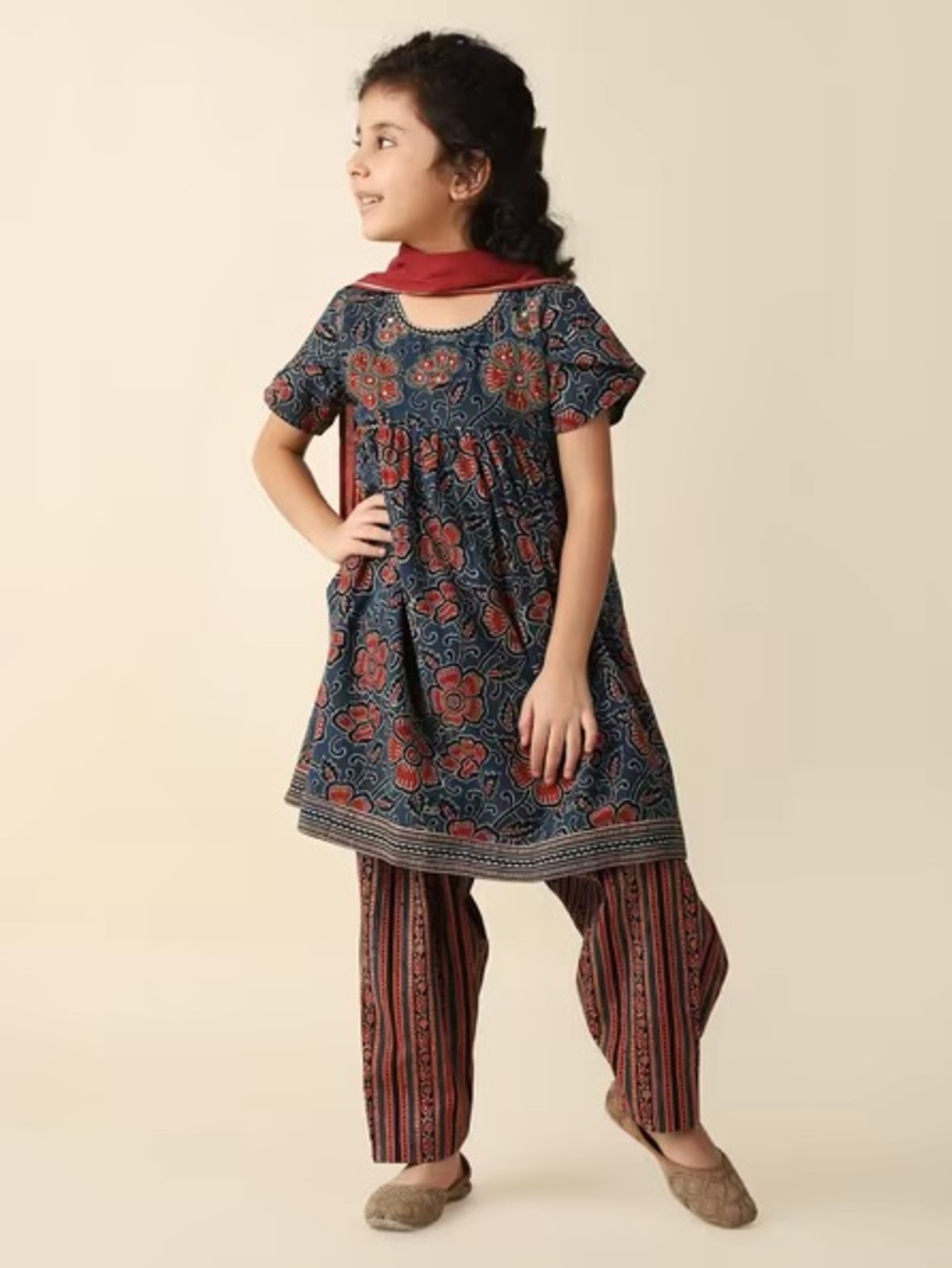 Fabindia Blue & Red Cotton Printed Salwar Set - Tunic & Pants - 6-8 Yrs